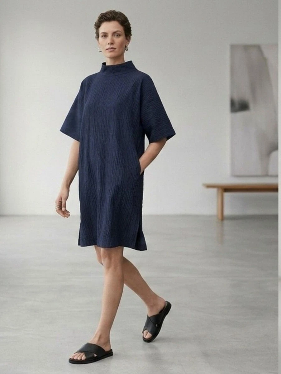 cos navy linen dress OVERSIZED SHORT-SLEEVED LINEN MIDI DRESS - NAVY