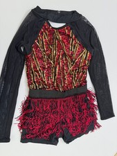 Women's Weissman Dance Costume Leotard Black Red Sequin Fringe Adult S