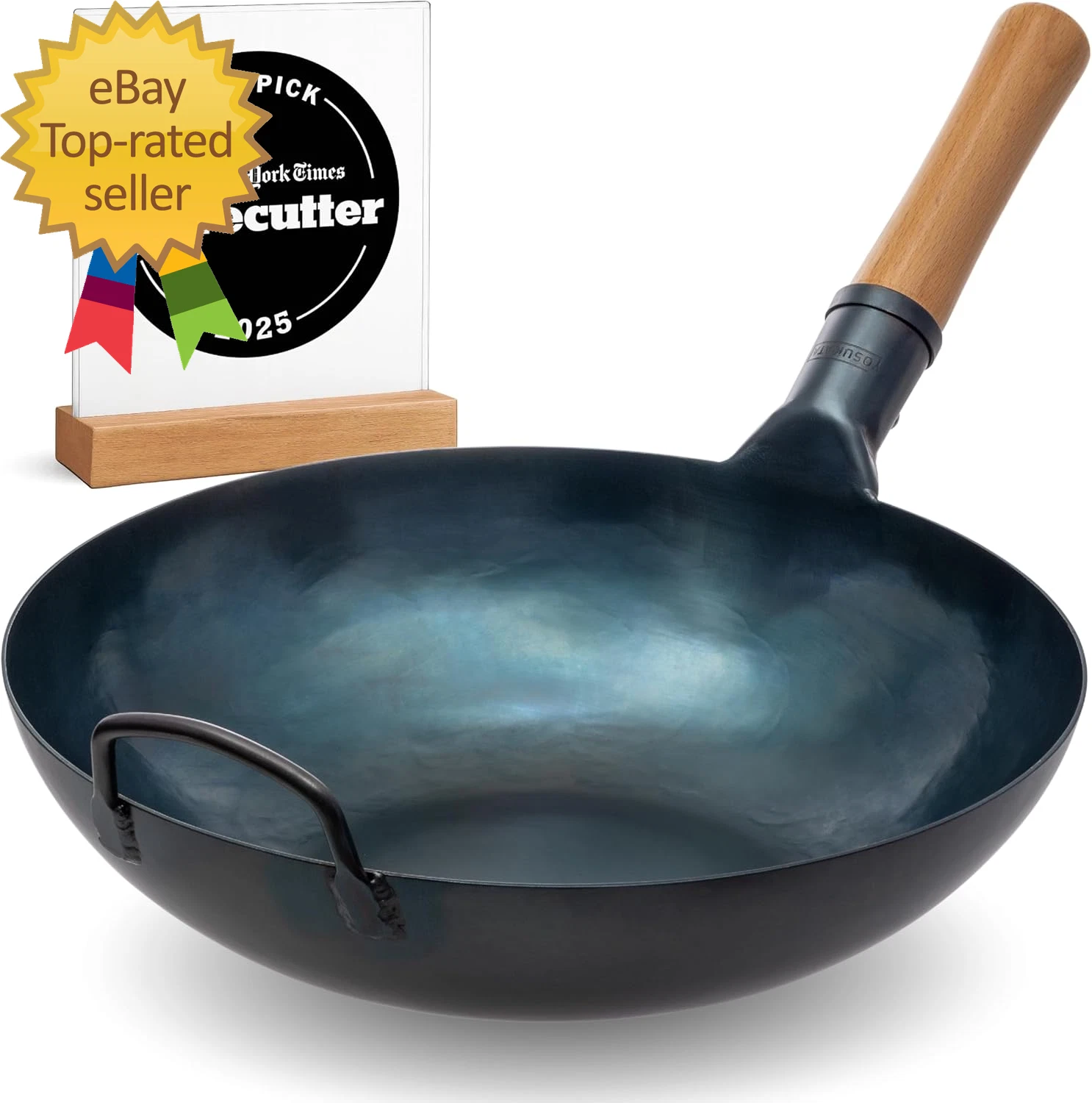 13.5” Blue Carbon Steel Wok Pan – Pre-Seasoned Flat Bottom Wok Compatible