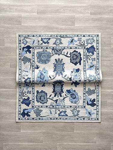 Navy Blue Oushak Rug, Modern, Vintage, Turkish, Eclectic, Floral, Pastel, - Picture 8 of 8