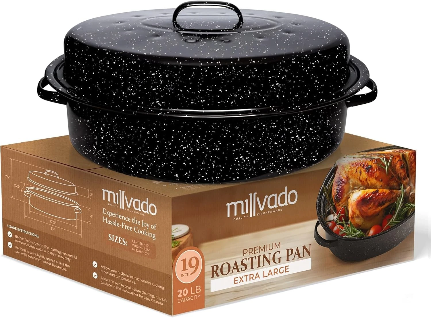Roasting Pan With Lid, Thanksgiving Turkey Roaster Pan, 19 In, Black/White