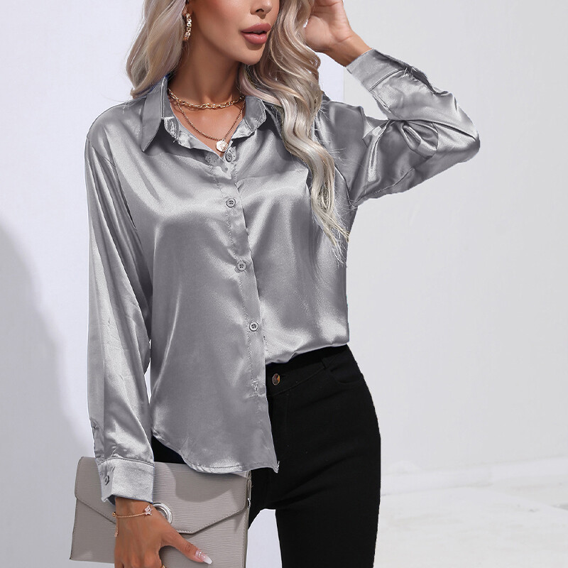 Womens Satin Silk Solid Shirt Ladies Casual Baggy Button-up OL Work Blouse  Tops | eBay UK