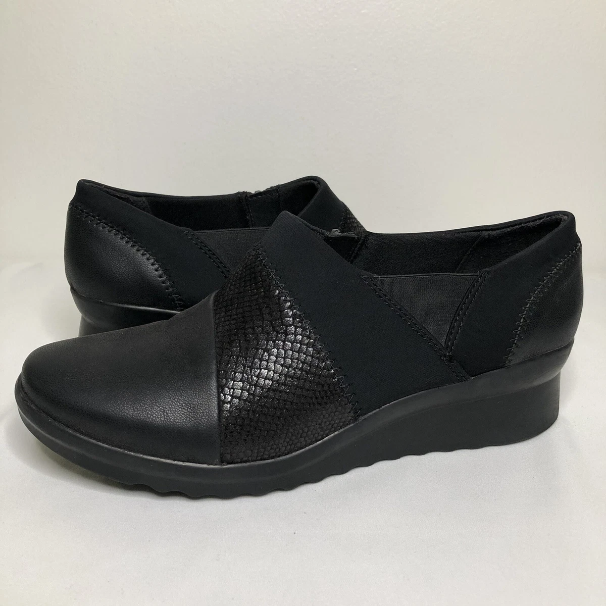 Clarks Caddell Denali Women Size 7W Black Comfort Shoes Wedges Side Zip