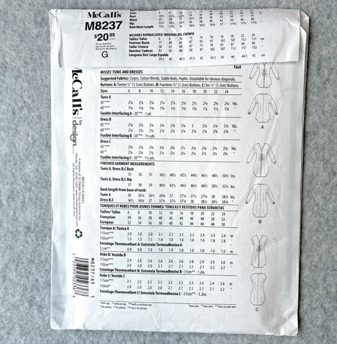 McCall's M8237 Misses Tunic and Dress Sz 6-14 Sewing Pattern Ruched Button Uncut - Picture 3 of 4