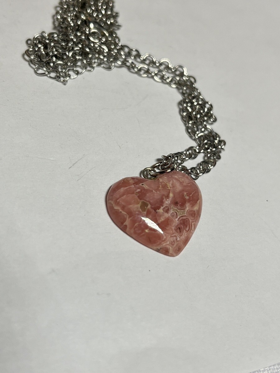 Vintage Carved Pink Stone Pendant Necklace Silvertone Chain