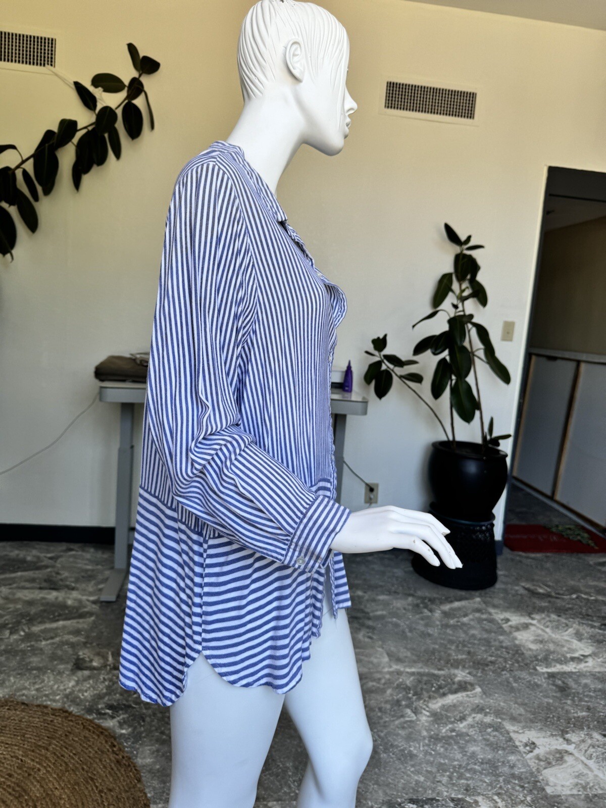 CJ Banks-1X-blue And White Striped V-neck Button Down Shirt