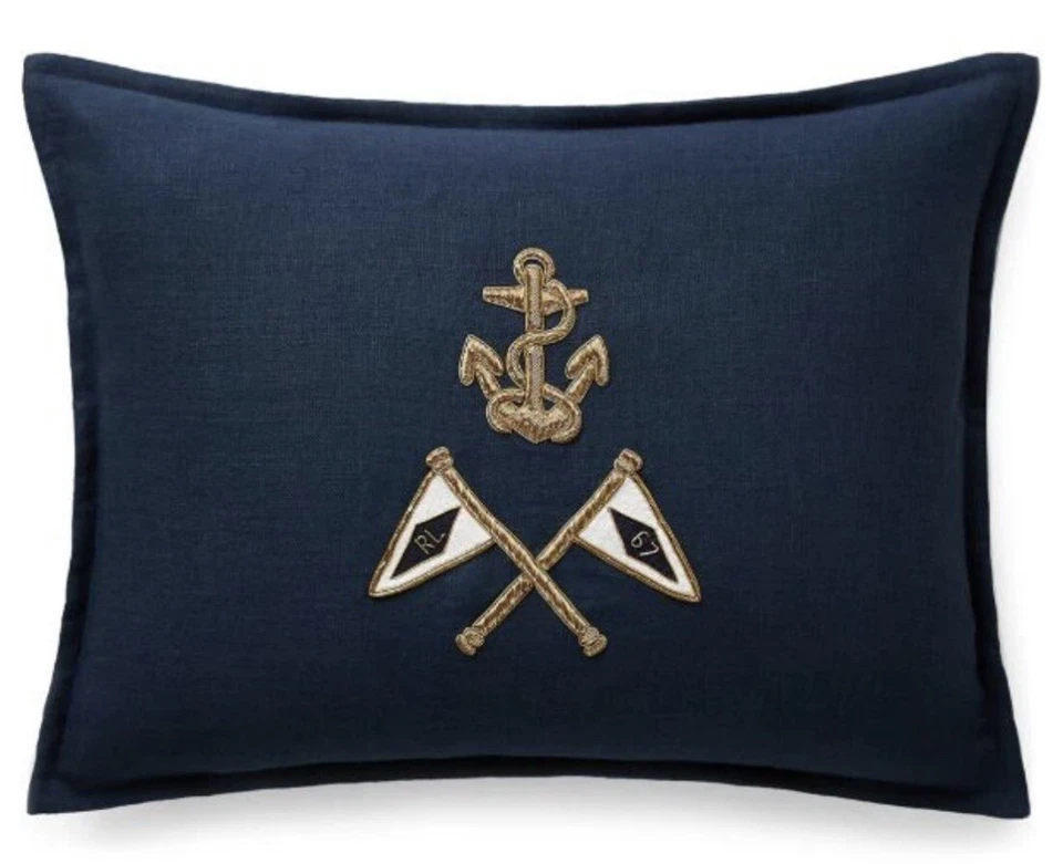 NUEVO RALPH LAUREN HOGAR ALMOHADA ANCLA BANDERA LINGOTES DORADOS PUNTO GRUESO Foto 2 de 4