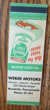 QUAKER STATE MOTOR OIL MATCHCOVER: WEBER PLYMOUTH (MEADVILLE, PENNSYLVANIA) -E15