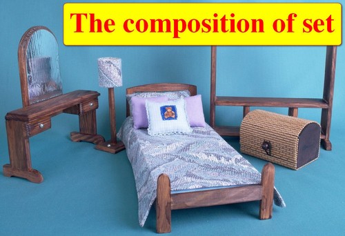 BEDROOM SET dollhouse wooden Furniture 1:6 playscale 12” dolls Barbie MH YOSD - Picture 2 of 11