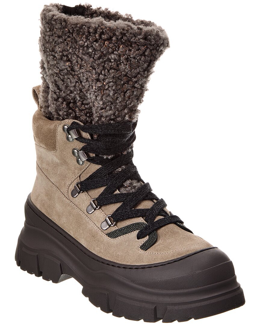 Женские ботинки из замши и дубленки Brunello Cucinelli коричневые 40 172890₽