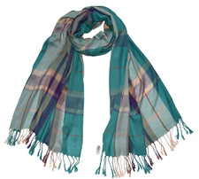 NWT JAMES PRINGLE Weavers Multicolor Plaid Fringe Viscose Scarf 26 x 80
