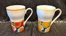 Mid Century Vintage Stylecraft Porcelain Mug Set of 2 Orange & Yellow Daisies