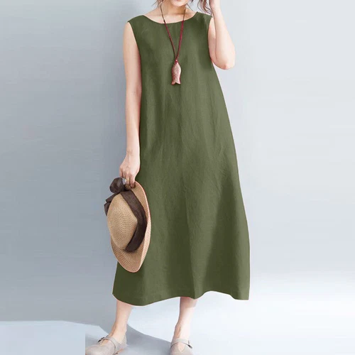 Langes ärmelloses Baumwoll-Leinen-Damenkleid Sommer Strand Freizeit Kaftan Kleid - Bild 8 von 17