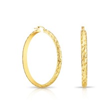 14K Real Solid Gold Hand Engraved Diamond-Cut Chunky Hoops Earrings Large Sizes