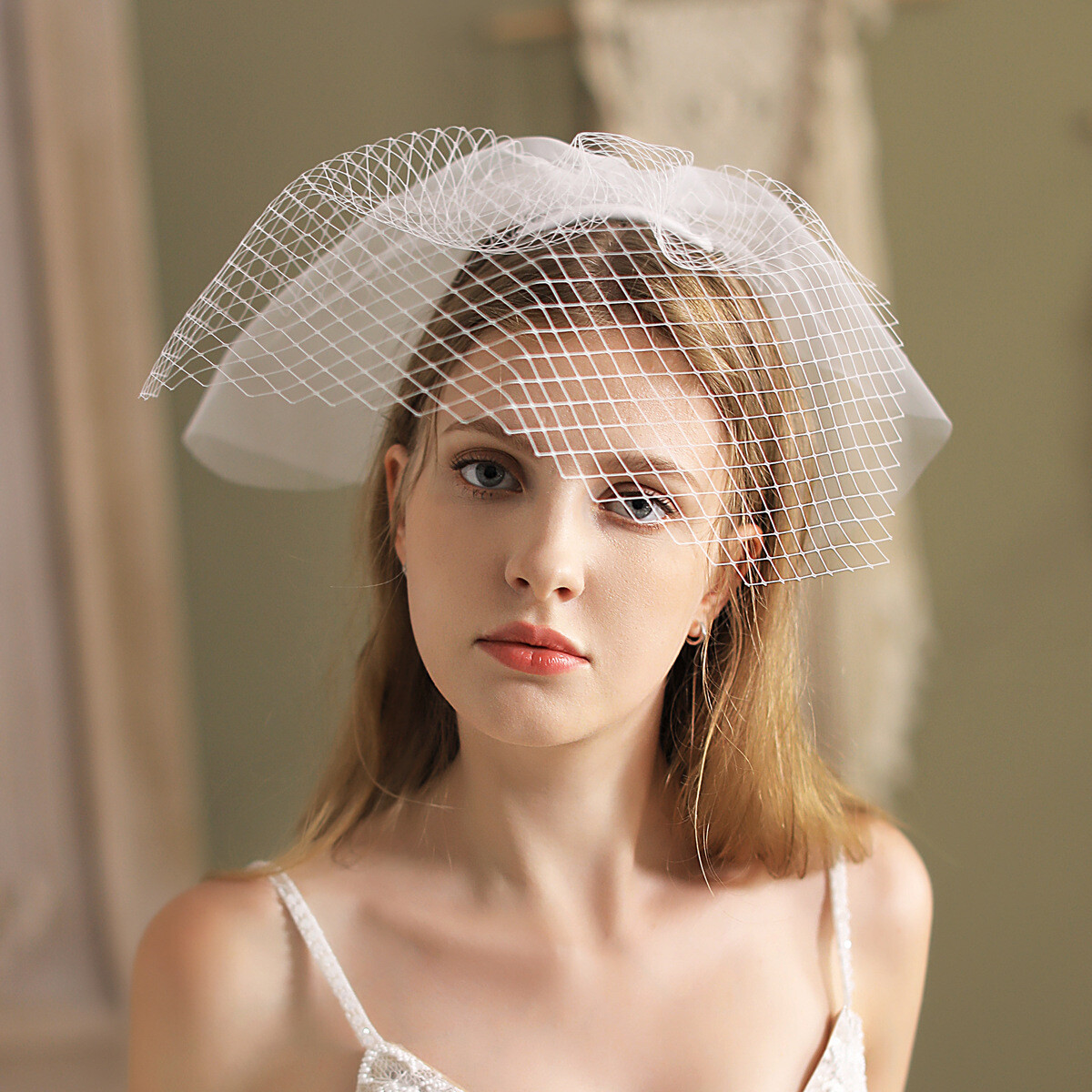 One Blushing Bride Short Birdcage Wedding Veil with Crystals and Rhinestones Nude / Scattered Pearls