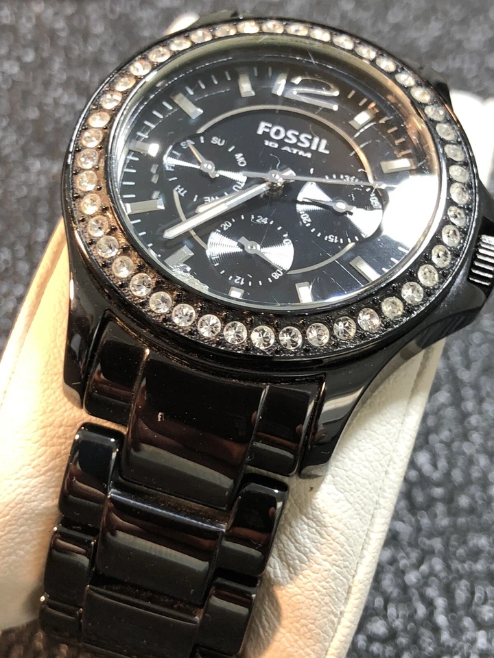 Fossil Ceramic Watch Crystal Gemmed Bezel CE1011 100M,Band Needs Repair,Runs - Image 4 of 4