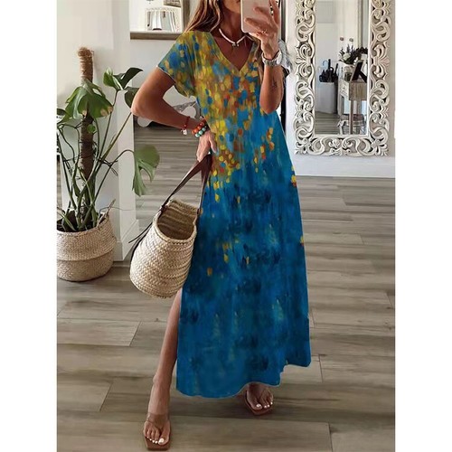Summer Women Loose Casual Fashion Print Short Sleeve Long Split V-Neck Dress - Picture 8 of 12