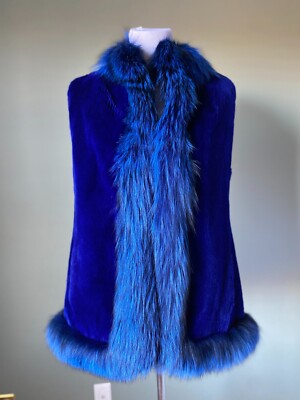 Wolfie Fur Blue Sheared Beaver Vest with Fox Trim Canadian Size S