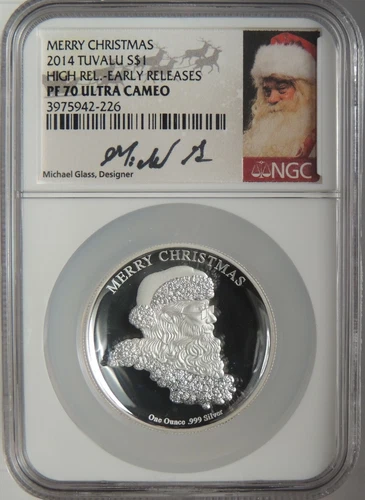 2014 $1 TUVALU SILVER SANTA MERRY CHRISTMAS HIGH RELIEF NGC PF70UCAM 3975942-226