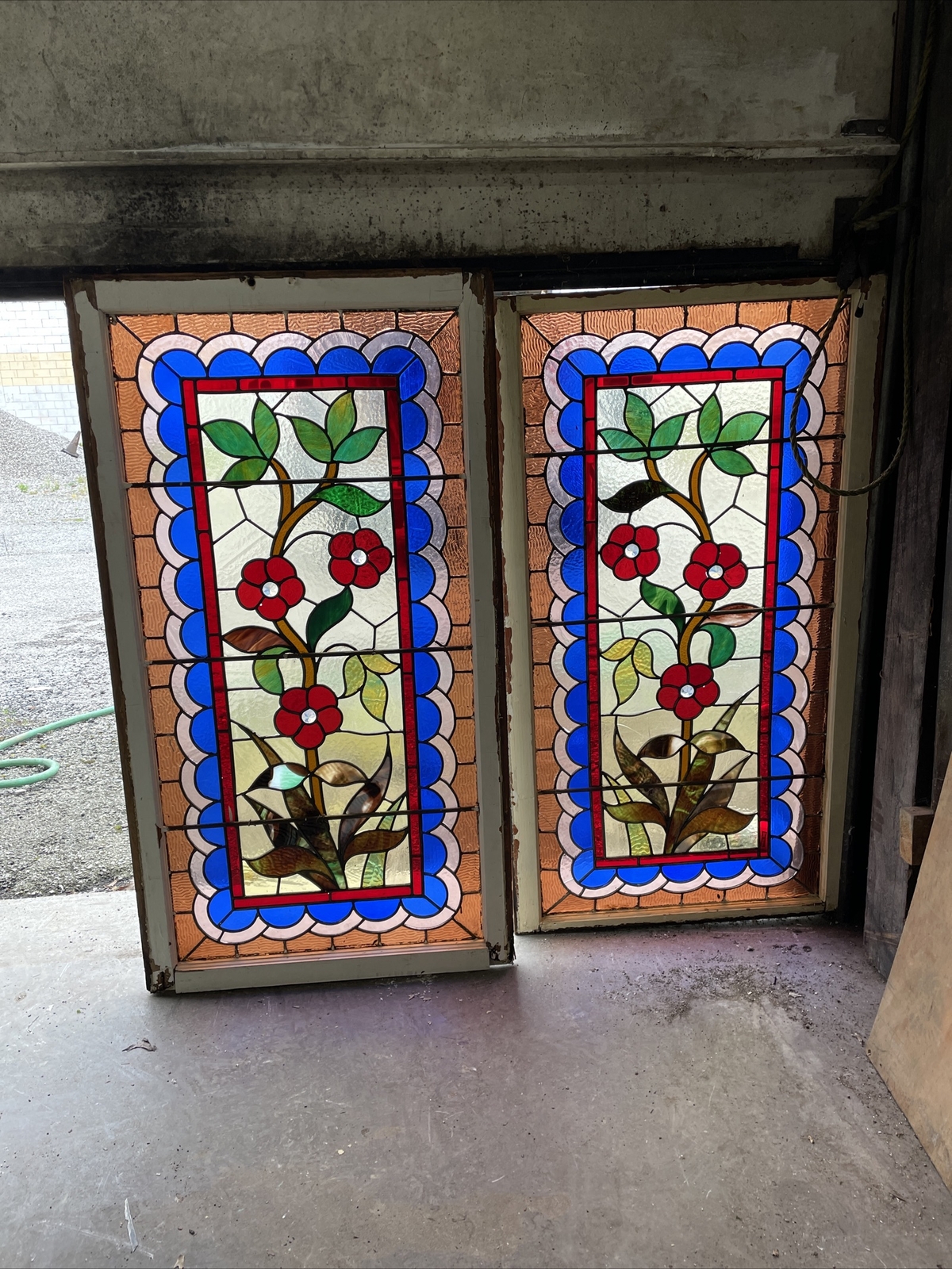 Mark Pair antique Eastlake stained glass windows floral 26 x 48.25 | eBay