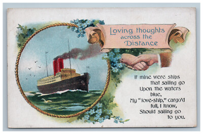 Hands Across The Sea Postcard Ship Loving Thoughts Poem Ocean Liner