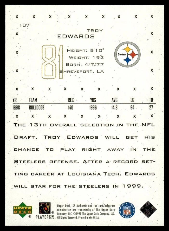 1999 SP Authentic Troy Edwards Rookie 0874/1999 Pittsburgh Steelers #107 - Image 2 of 2