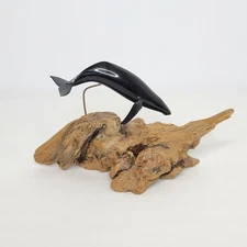 John Perry Black Humpback Whale on 7 1/2" Burl Wood Base Sculpture Marine Life