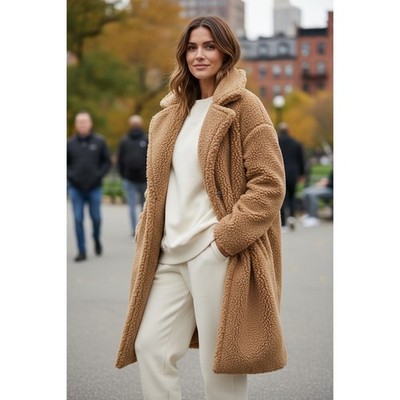 Lucky Brand Women Camel Brown Teddy Bear Coat Sherpa Faux Fur Jacket Large