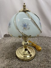 Vintage 3-Way Touch Lamp w/6 Blue Floral Glass Panels  Brass Tone Base 14  Tall