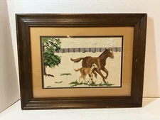 Vintage Cross Stitch Framed Art Horses 17x13 