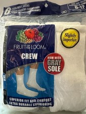 Fruit of the Loom Mens White  Grey Crew Socks: 6 Pair, Size 6-12, Cotton, New