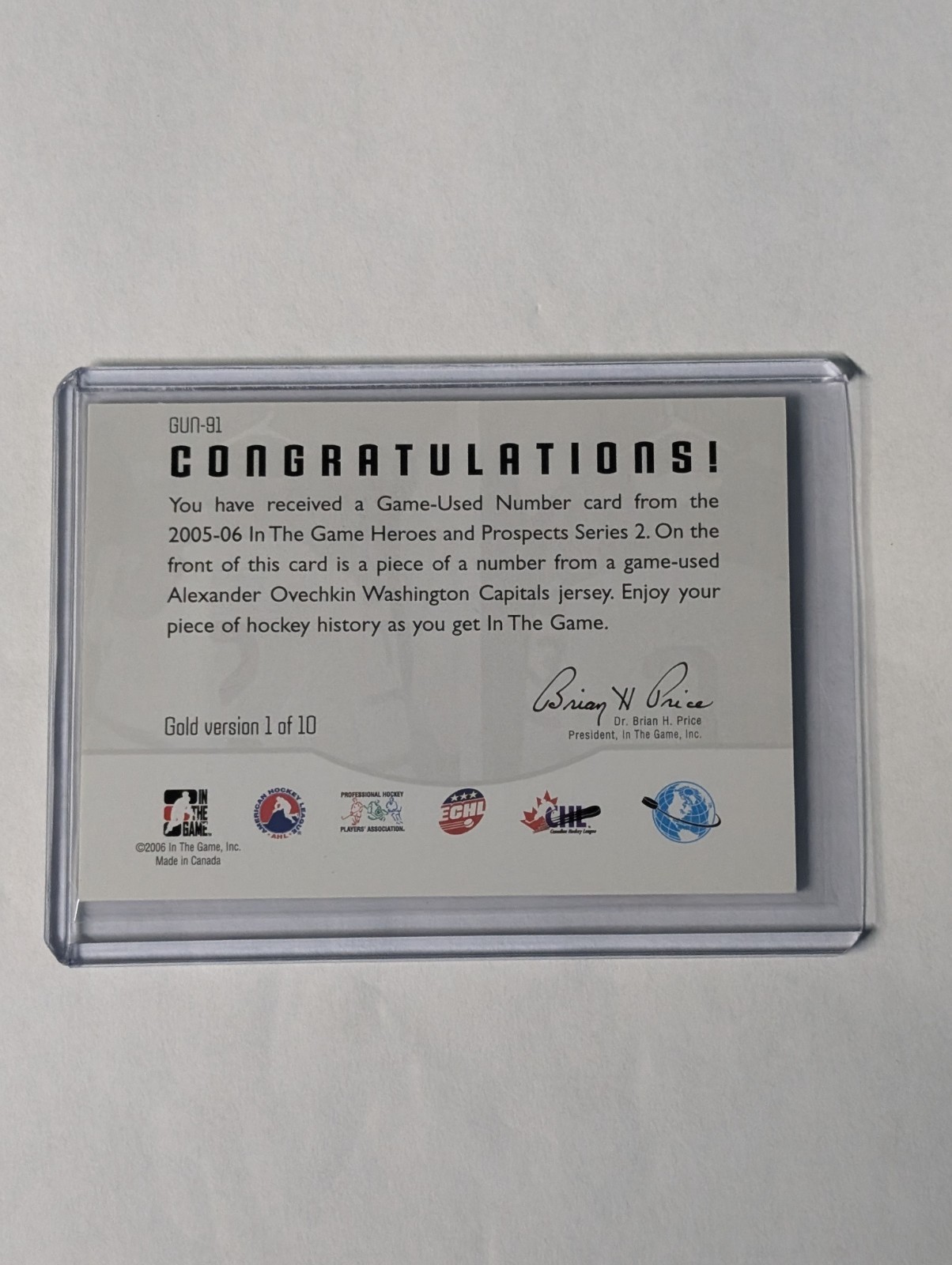 2005 ITG Heroes Prospects GOLD 1/1 Jersey Number Patch Alex Ovechkin RC Vault  view 2