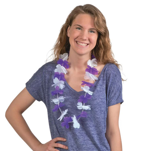 Lila & weiße Hawaii Blume Polyester Leis - 12 Stck. - Bild 2 von 2
