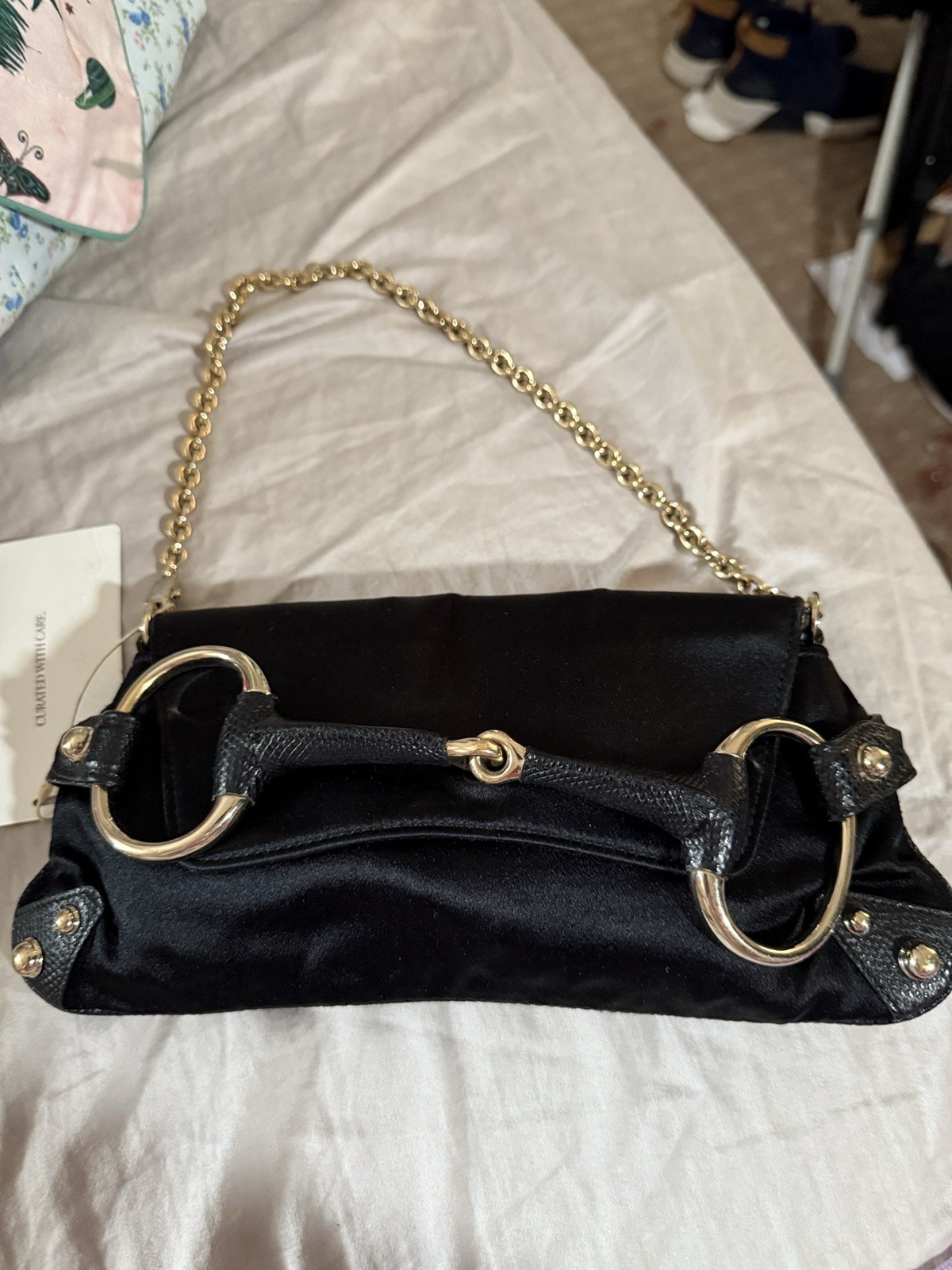 Gucci Shoulder Bag Mini Vintage Horsebit Chain Black Leather with Snake Trim