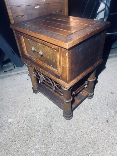 Rustic Solid Wood End Table w/ Storage Drawer & Brass Front – Vintage Spanish