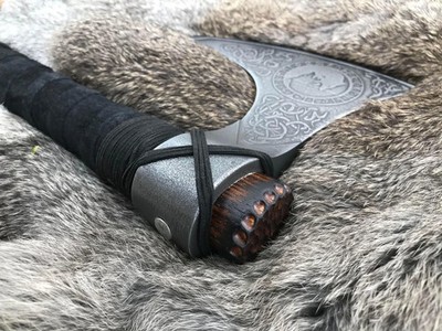 Viking Hand Axe Engraved Wolves Skoll and Haiti Bearded Carbon Steel Axe