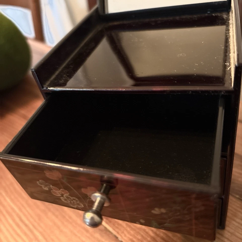 "Joyero de colección lacado negro con espejo bisagras plástico 3 cajones tocador decoración 6""" Foto 3 de 4