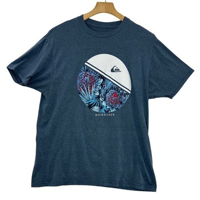 Quiksilver Men's T-Shirt Blue Floral Graphic Crew Neck Short Sleeve Size L