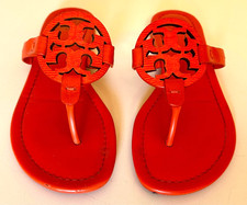 Tory Burch Miller Sandals Orange Leather Logo Thong Flat Rubber Dress Size 7.5