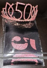 50th Pink Black Birthday Tiara and Sash Set, Metal Fabric Party Crown