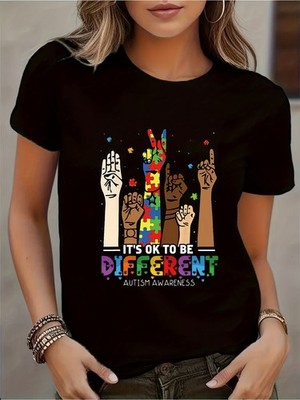 Wo Autism Awareness T-Shirt - It's Ok to Be Different Puzzle Piece and Colorfu