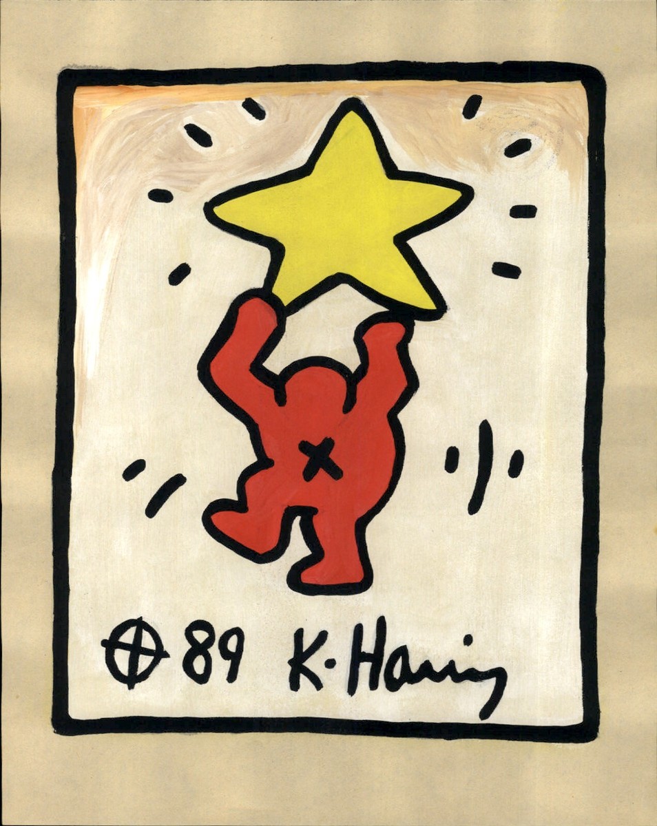 Hand PAINTED COLOR On Paper Keith Haring Gold Yellow Star X Red