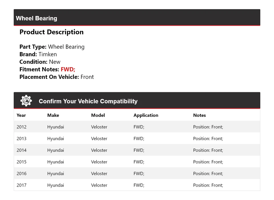 Cojinete de rueda delantero Timken 2013 2014 2015 para Hyundai Veloster 2012-2017 tracción delantera Foto 2 de 4