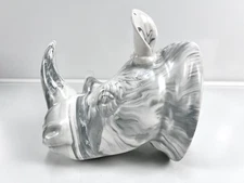 Porcelain Rhinoceros Head Wall Art Gray White Marble Finish 3D Coat Towel Hanger