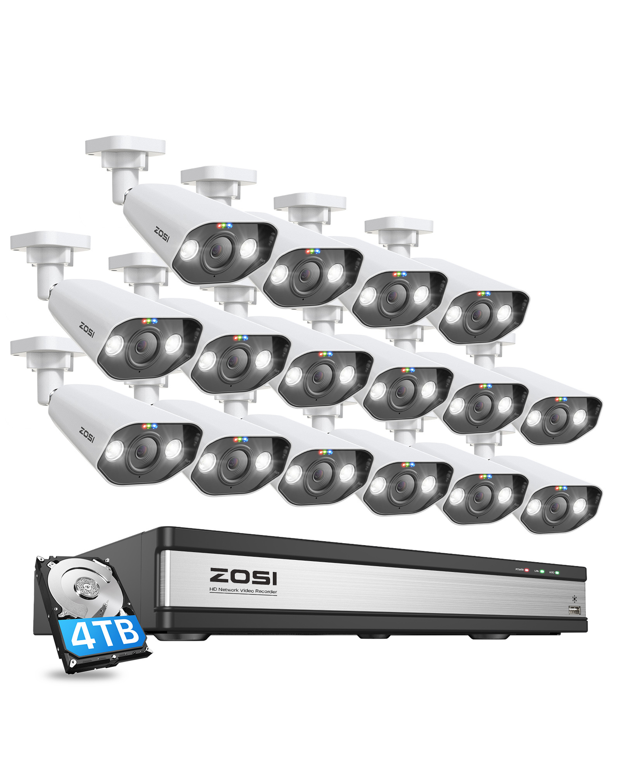 ZOSI 8CH/16CH 4K 8MP POE Security Camera System H.265+ AI Detect Audio 4TB HDD