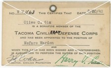 1942 WW2 Tacoma WA Civilian Defense Corps ID Wefare Warden Olice C Six