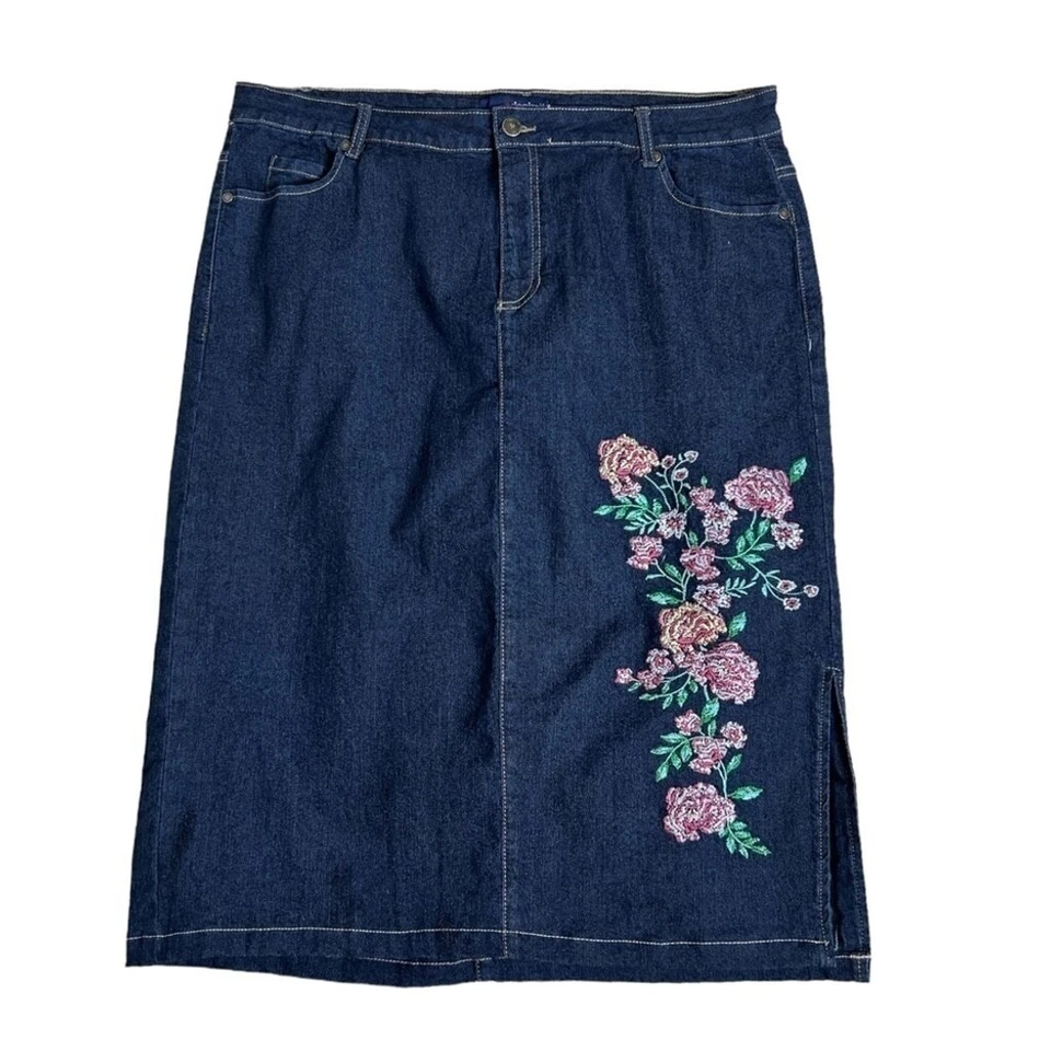 Falda midi denim 24/7 rosa bordada elástica con abertura talla 16W Foto 2 de 4