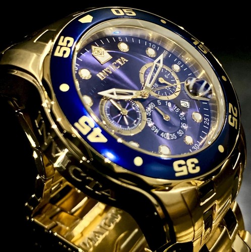 Invicta Mens PRO DIVER SCUBA Chronograph Blue Dial 18Kt Gold Plated Watch 0073 - Picture 2 of 12