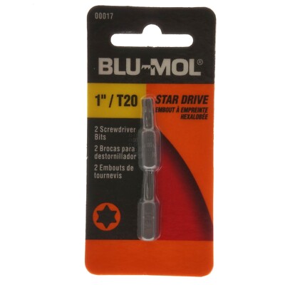 BLU-MOL 00017 T20 TORX Star Drive Screwdriver Bits, 1'' Length, 2-Pack