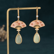 Jade Drop Dangle Earrings Boho Ethnic Fan Ear Hook 18K Gold Plated Gemstone